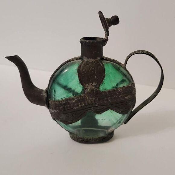 Vintage Emerald Green Glass Decanter Bottle with Ornate Aluminum Holder Teapot - Picture 5 of 9